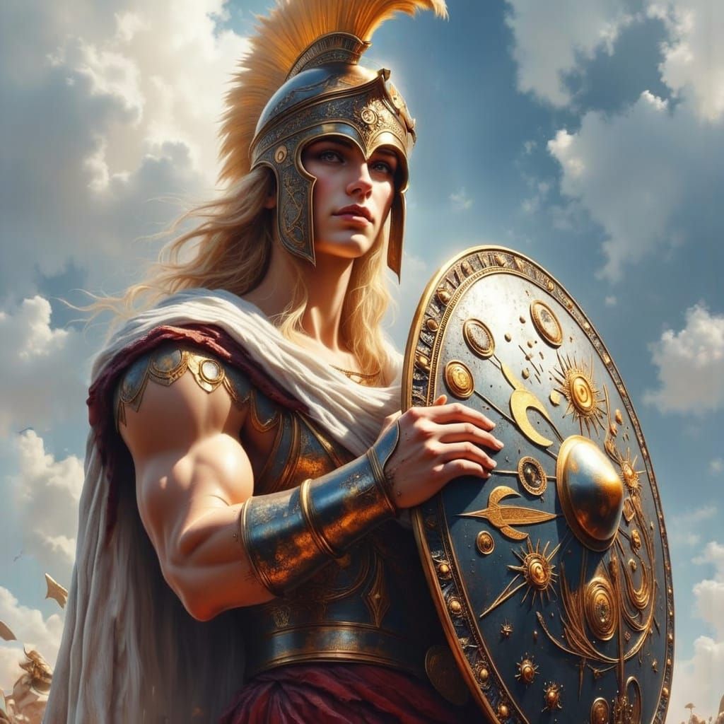 Achilles in Battle, Greek Hero Portrait in Hyperrealistic St...