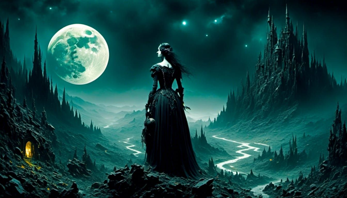 Moonrise Over Mountains in Impasto Style