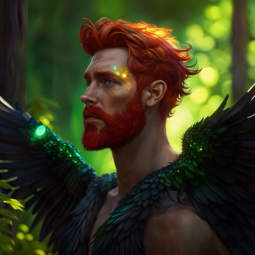 Angel with Iridescent Wings in Summer Forest