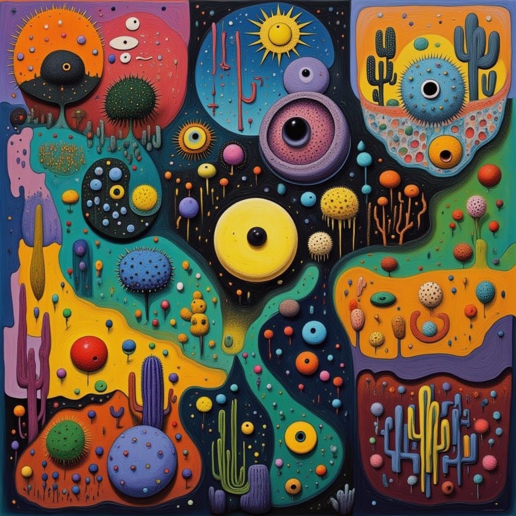 Cosmic Cactus Beings Under Celestial Skies