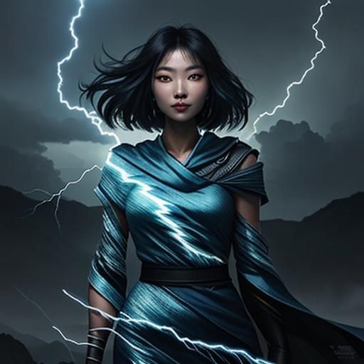 Cyan Skin Girl Surrounded by Lightning: Concept Art