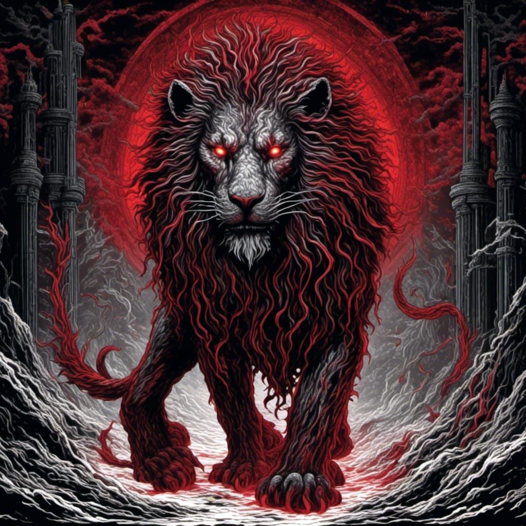 Demonic Abyss Lion in Dark Fantasy Style
