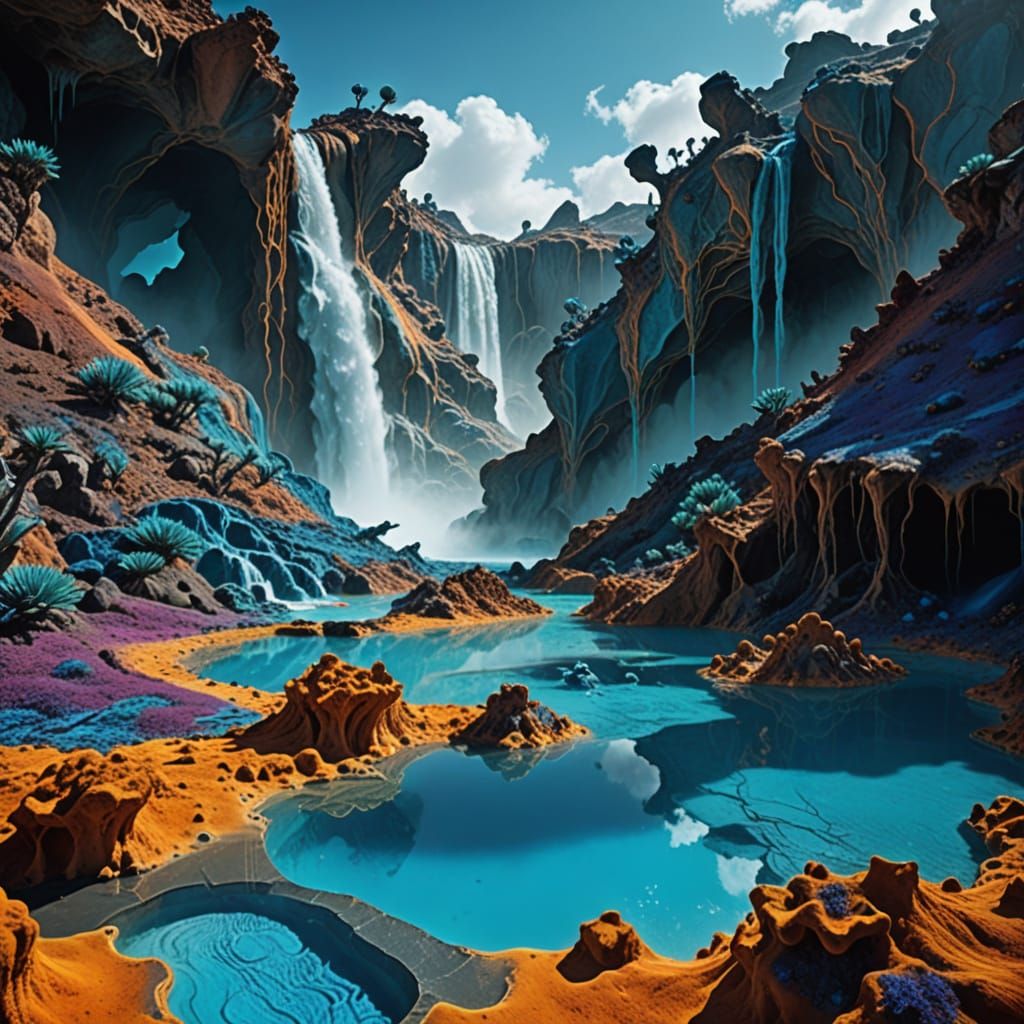 Surreal Sci-Fi Landscape with Glowing Blue Pools