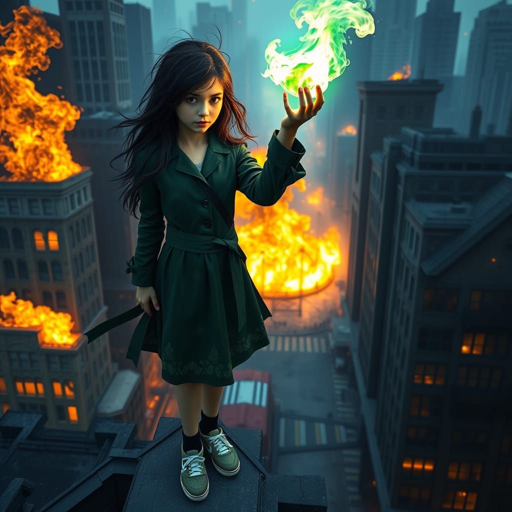 Young Teenage Girl Confronts Dystopian City in Blazing Green...