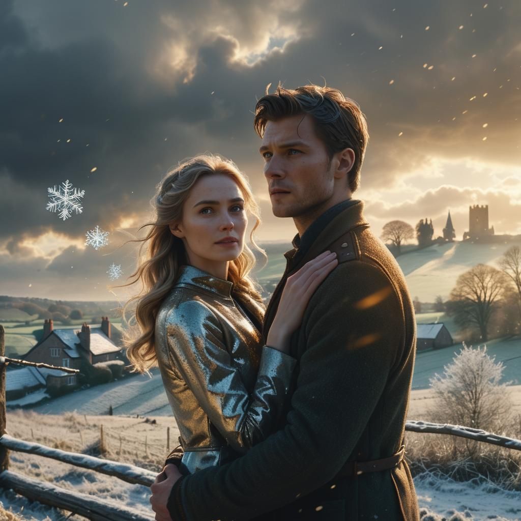 Winter Countryside Couple Amidst Supernatural Battle