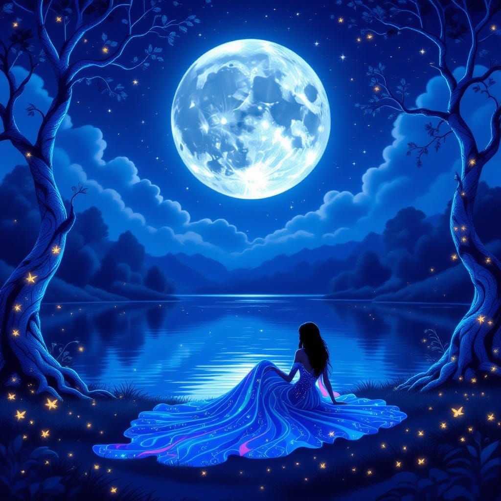 Magical Nocturnal Landscape with Ethereal Moon and Dream Wea...