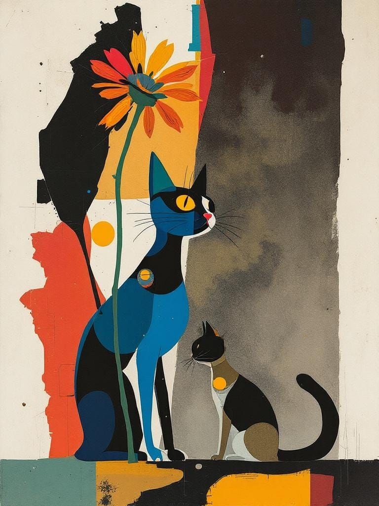 Cat Under Flower in Jazz-Inspired Expressionist Style