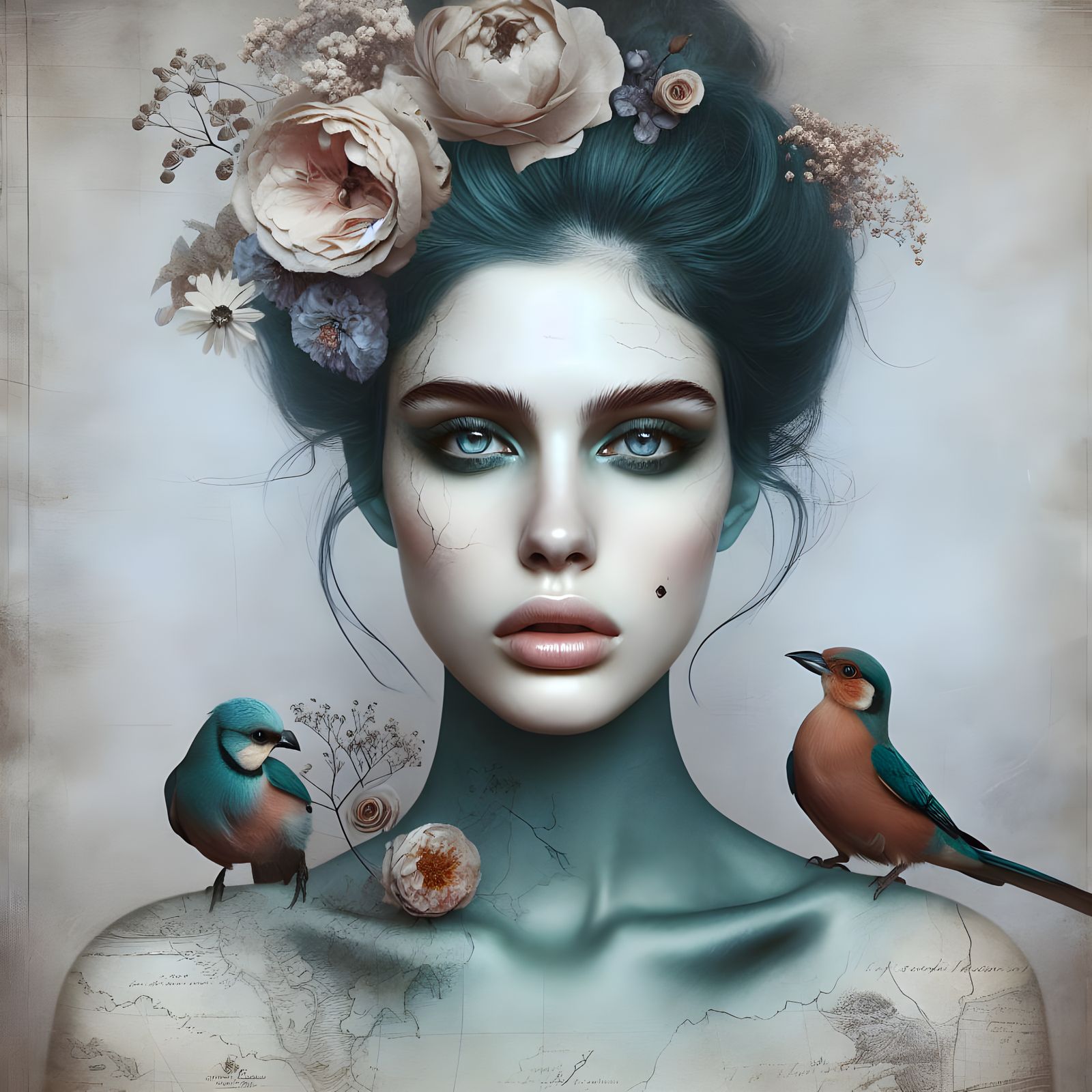 Ethereal Woman in Teal and Florals, a Surreal Masterpiece