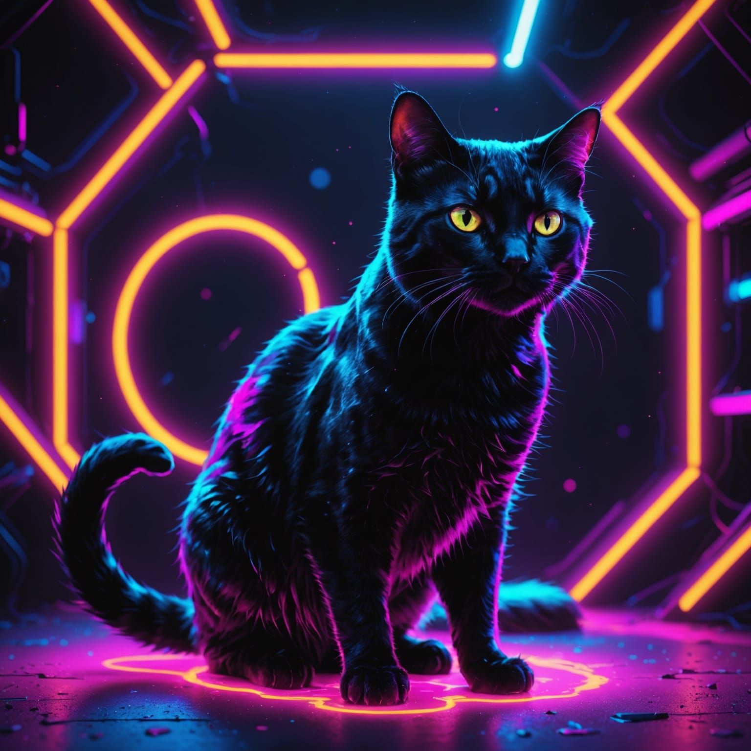 Surreal Neon Cat in Futuristic Setting
