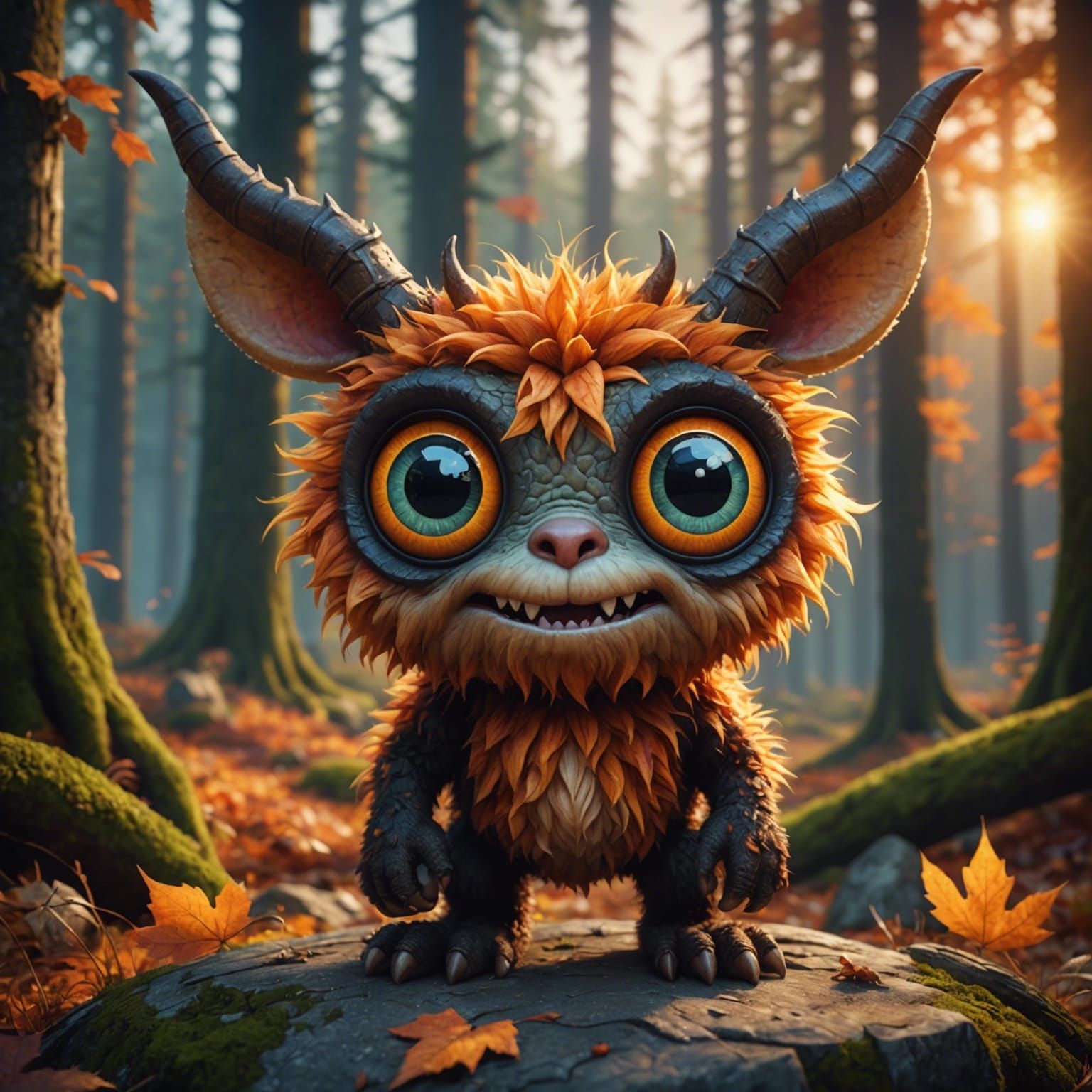 Adorable Furry Monster in Autumn Sunset, Digital Art