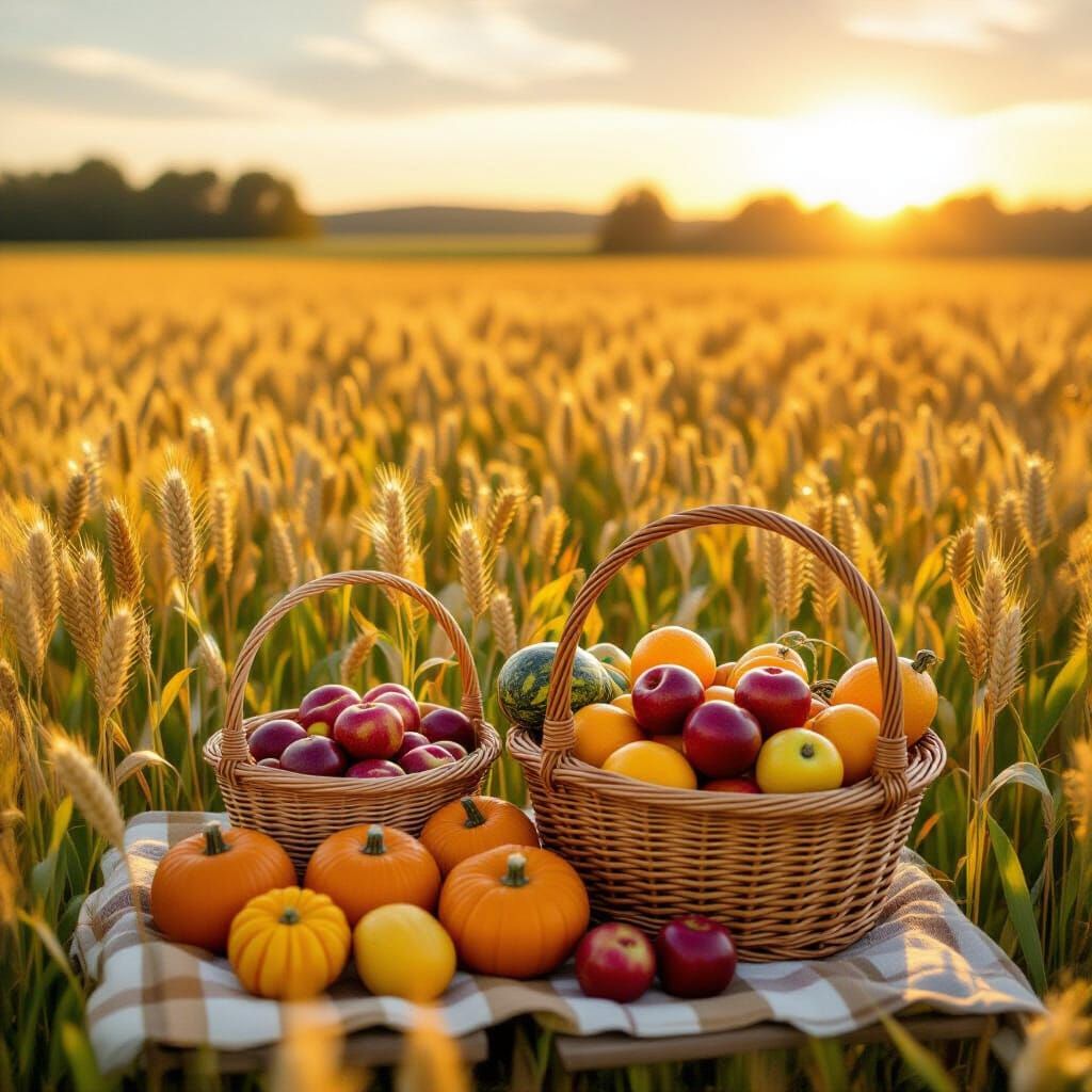 Golden Autumn Harvest Field with Ripe Apples and Pumpkins