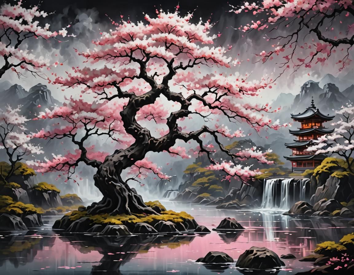 Breathtaking Sakura Tree Digital Painting in Japanese Style