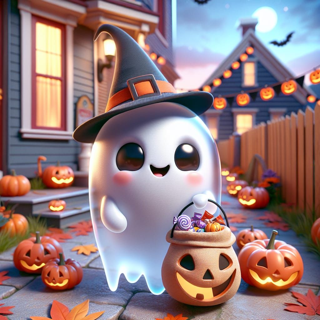 Cute Cartoon Ghost Carrying Candy Sacks