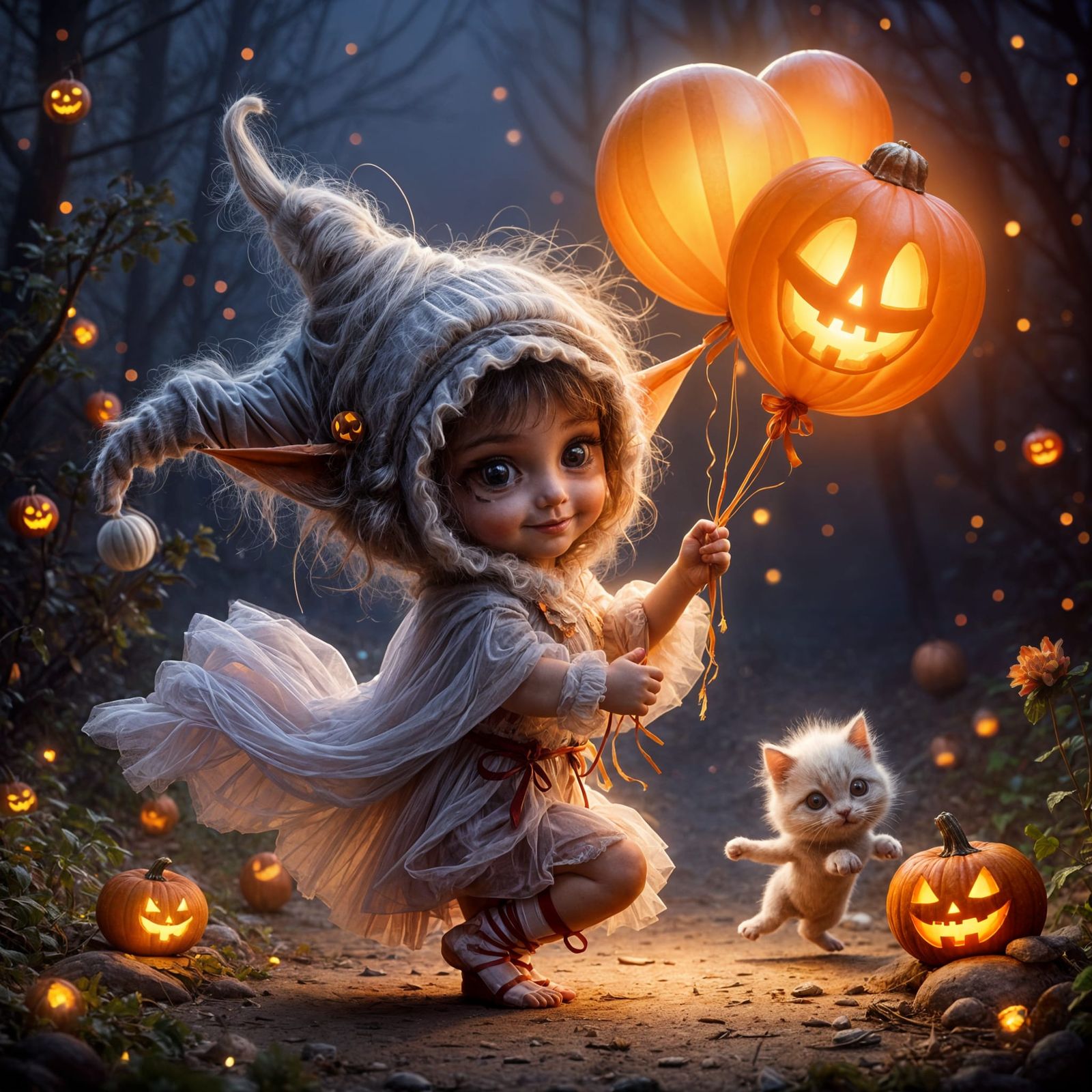Child in Halloween Costume with Pumpkin Balloons and Ghostly...