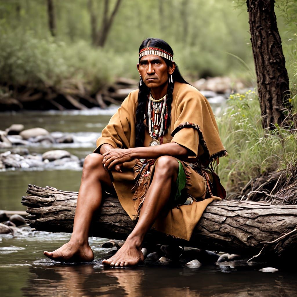 American Native Indian in a Serene Creek Setting