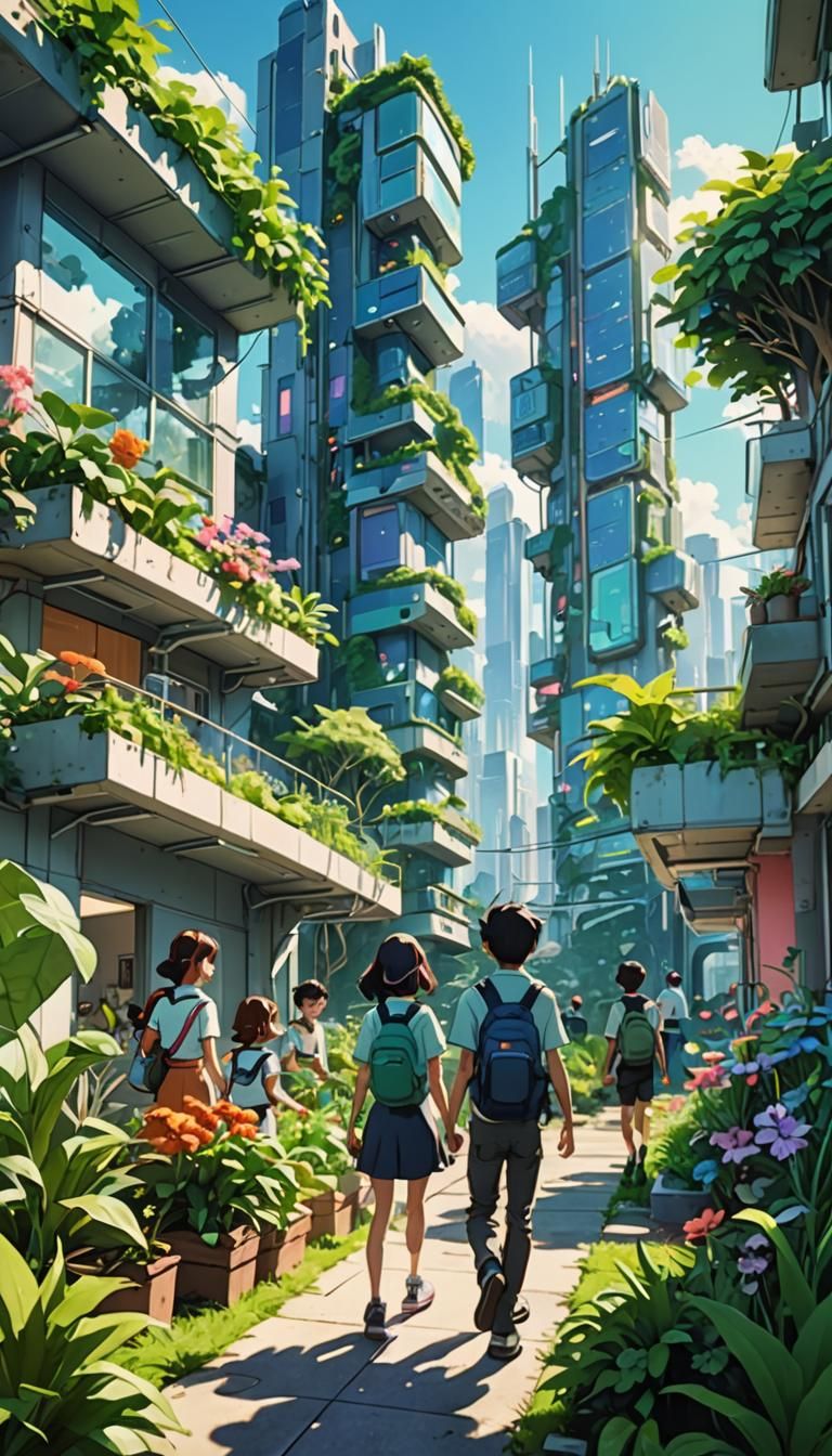Futuristic Family Gardening in Anime Style