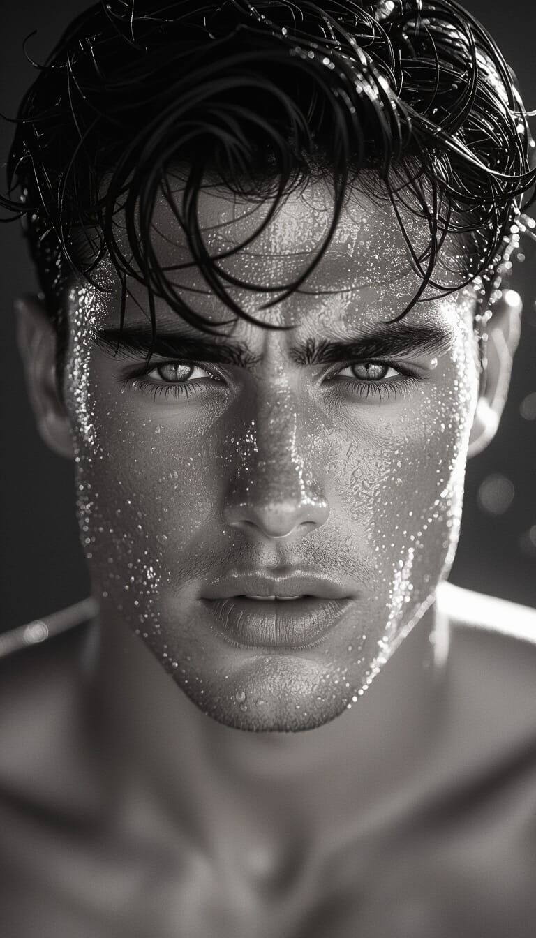Dramatic Monochrome Portrait with Water Droplets