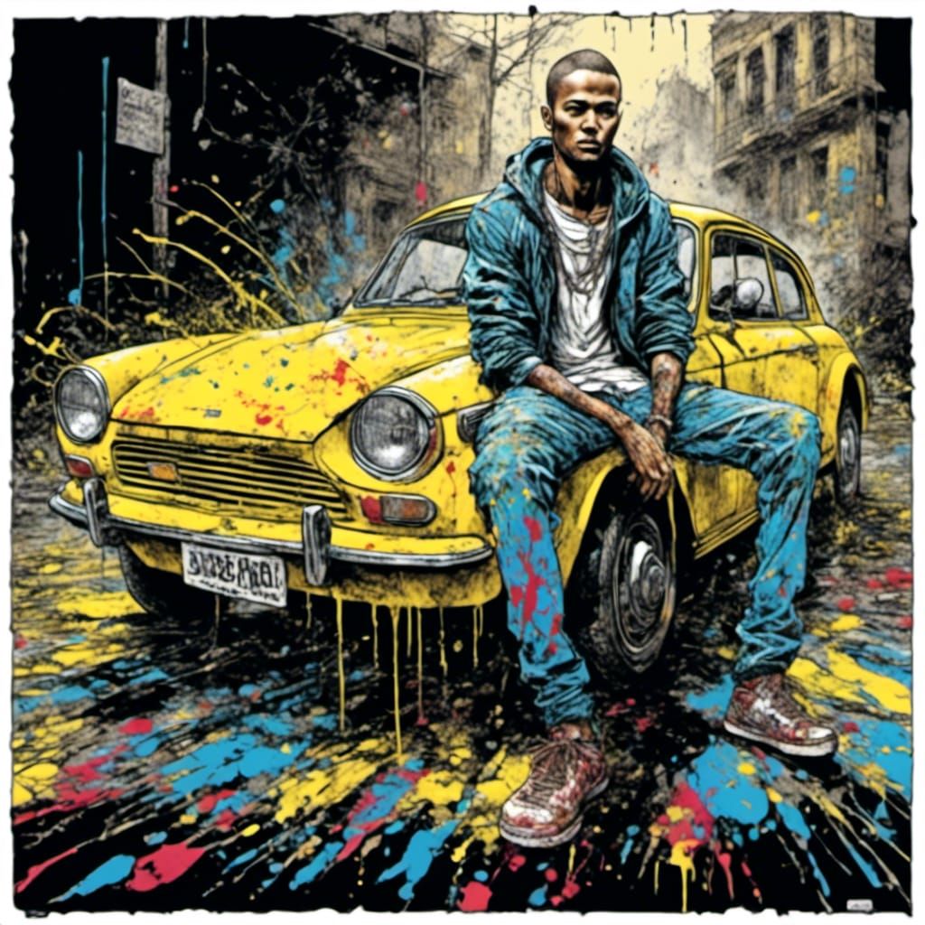 Classic Yellow Car Prison Break in Graffiti Style