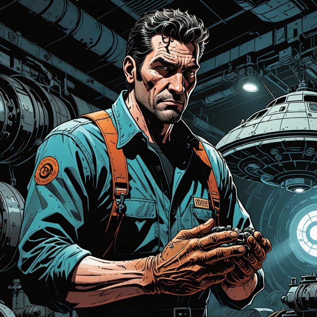 Mechanic Repairing Flying Saucer Engine, Graphic Novel Art