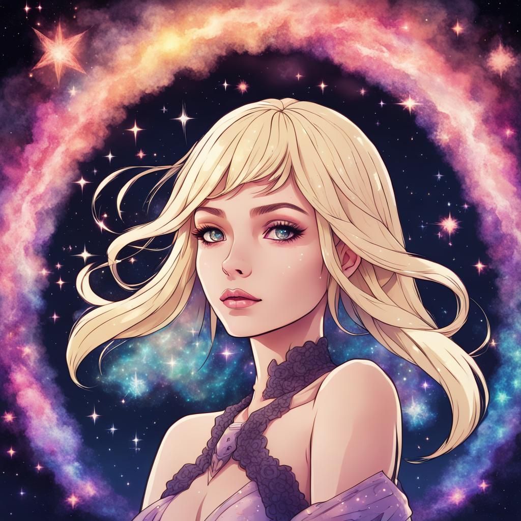 Blonde Witch with Stardust Nebula in Manga Style