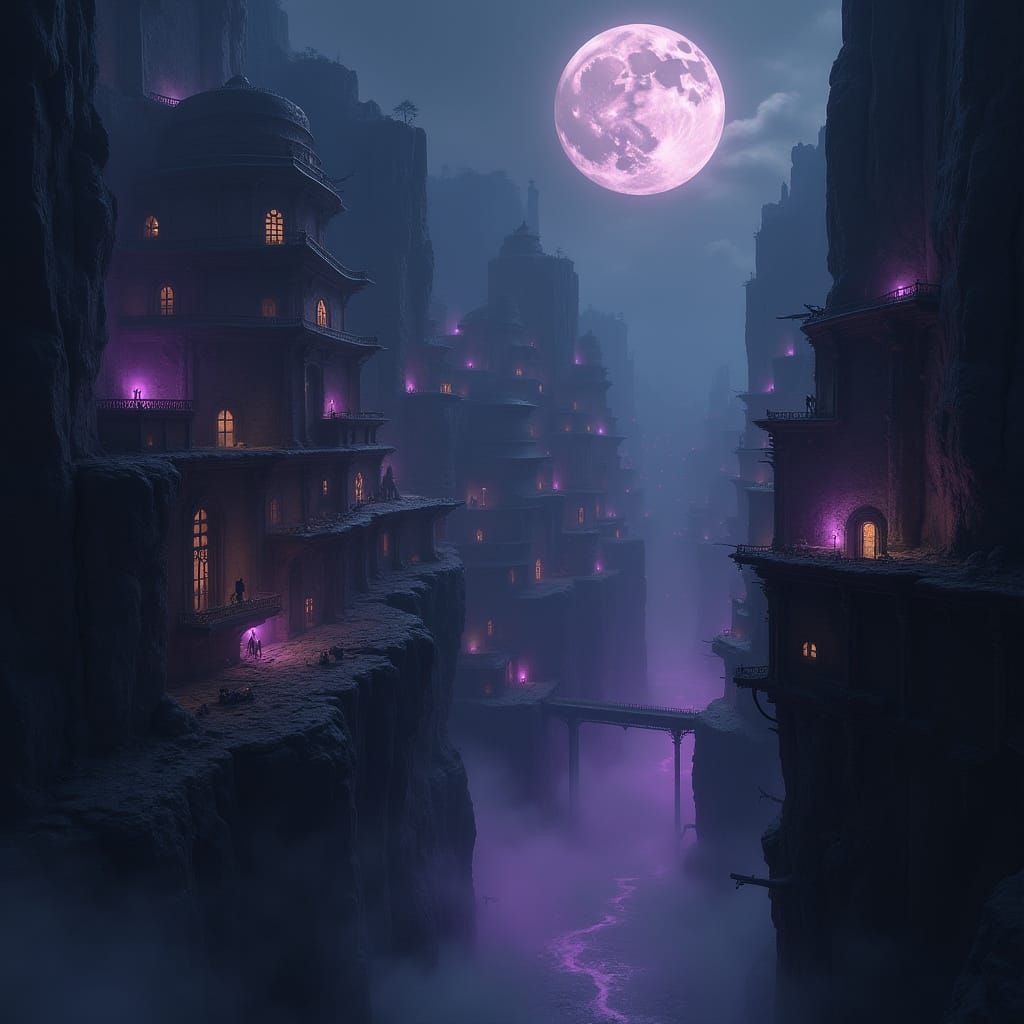 Epic Fantasy City Carved in Cliffs at Night