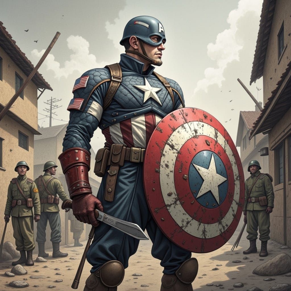 Captain America Stands Resolutely in WWII Uniform, Etched Bl...