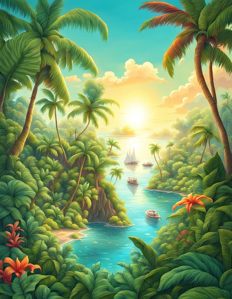 Lush Tropical Island View in Detailed Illustration
