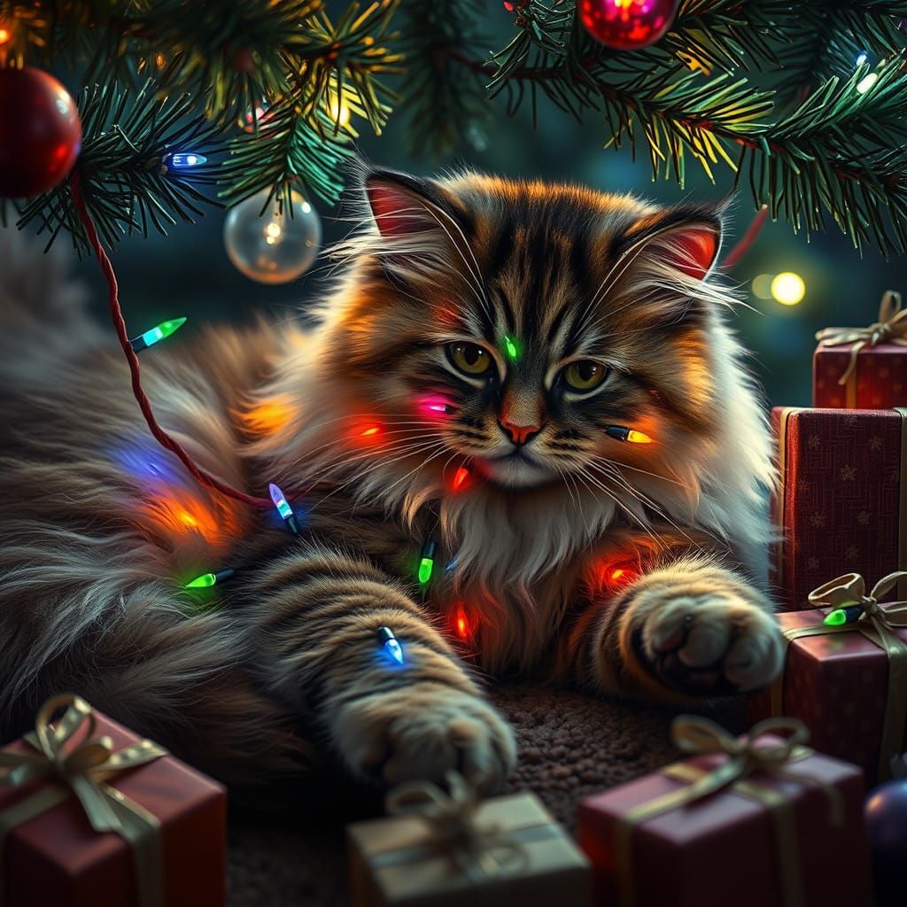 Whimsical Christmas Cat Enjoys Festive Treats in a Vibrant,....