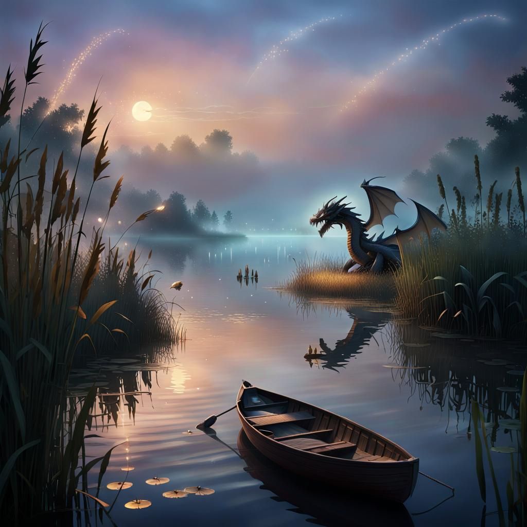 Dragon Silhouette at Twilight: Hyperrealistic Lakeside Scene