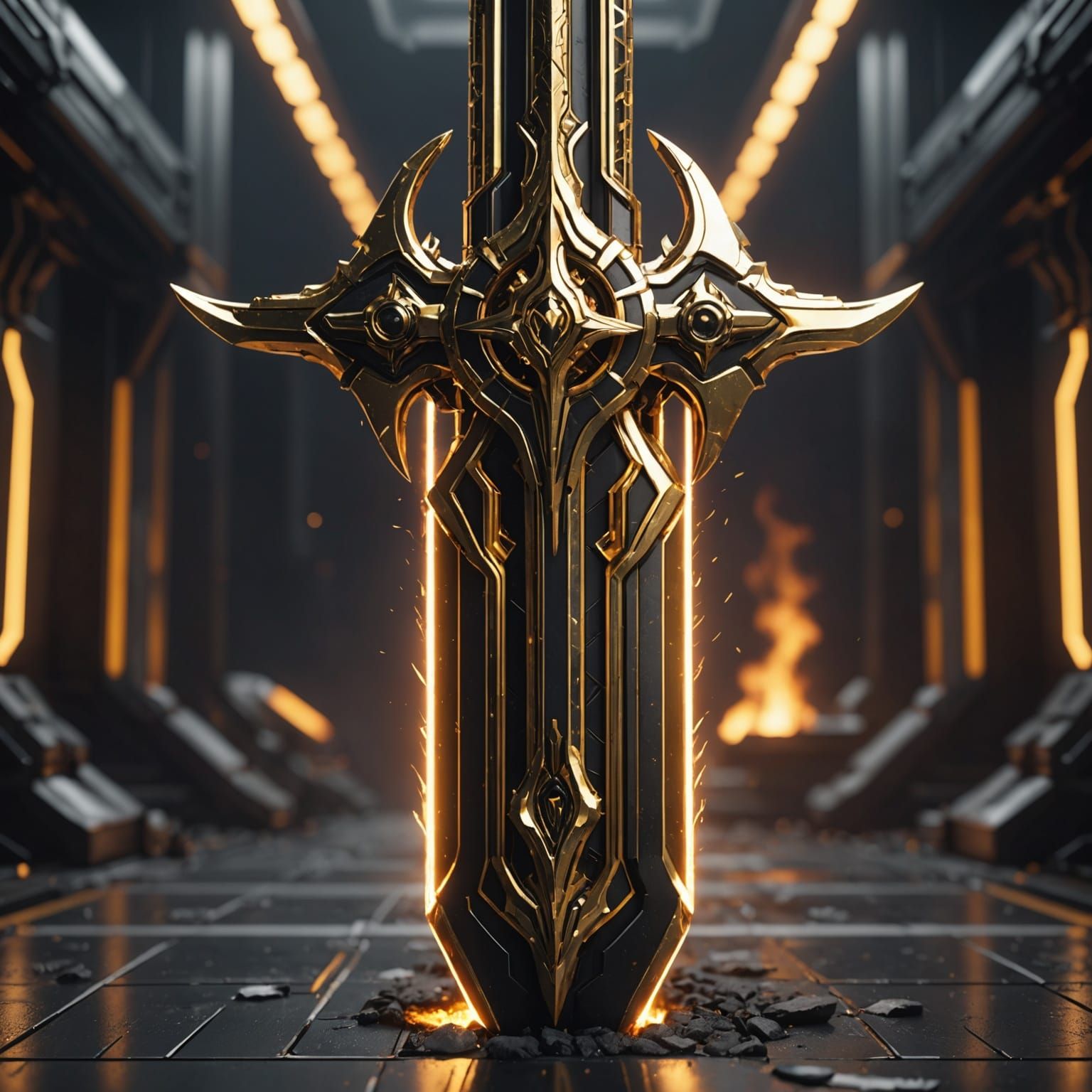 Futuristic Golden Fire Sword in Sci-Fi Style