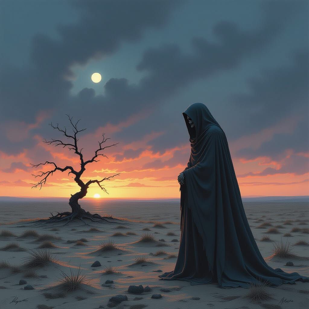 Skeletal Figure on Windswept Plain at Twilight