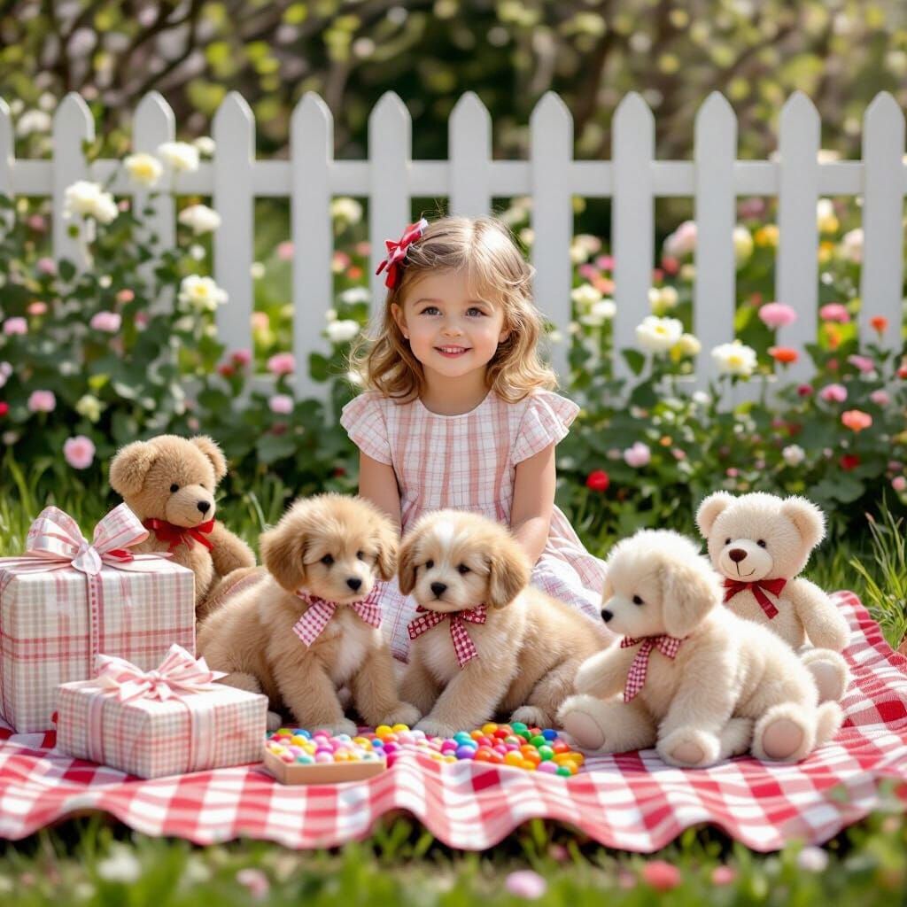 Girl's Picnic with Puppies and Teddy Bears