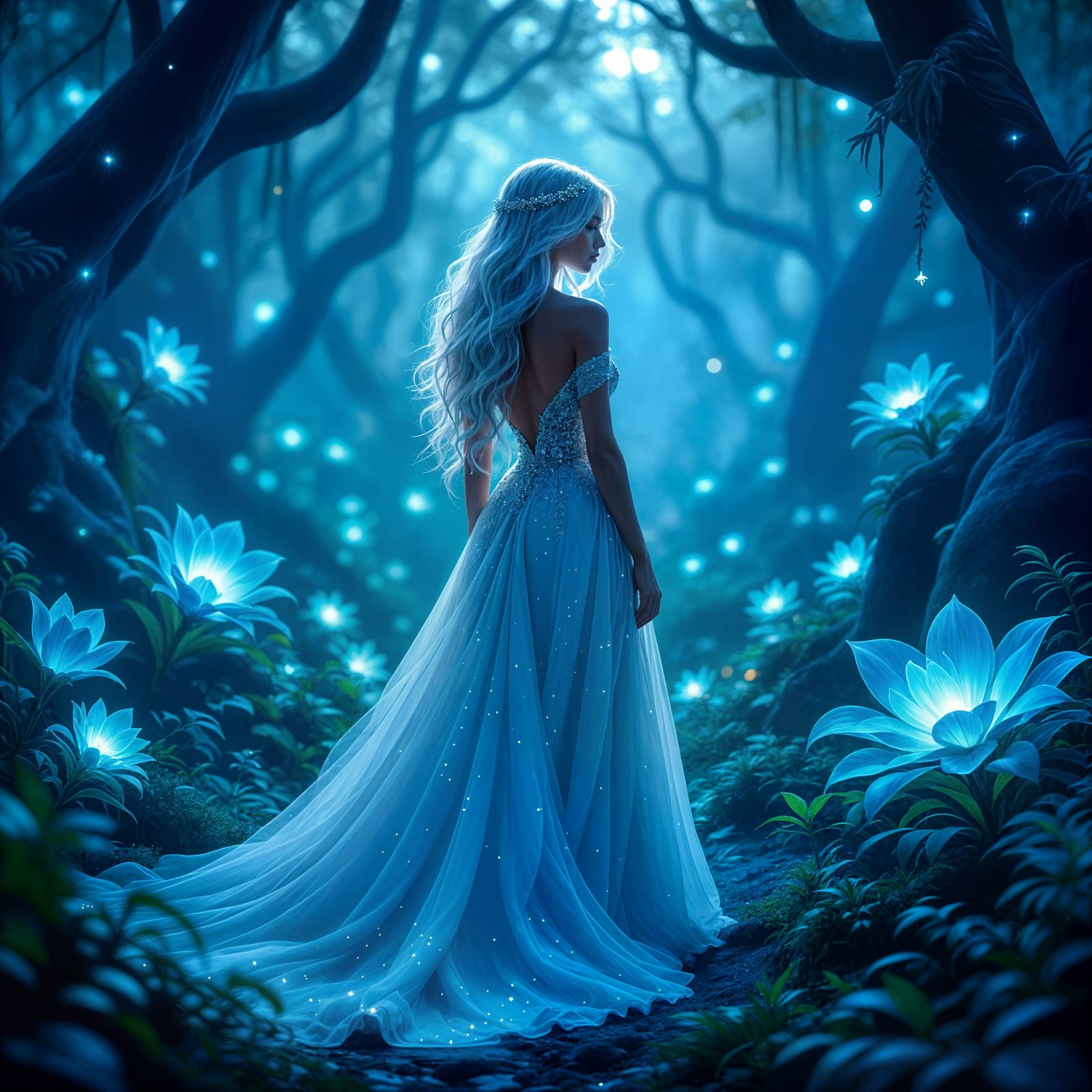 Ethereal Woman in Bioluminescent Forest, Dark Fantasy Realis...