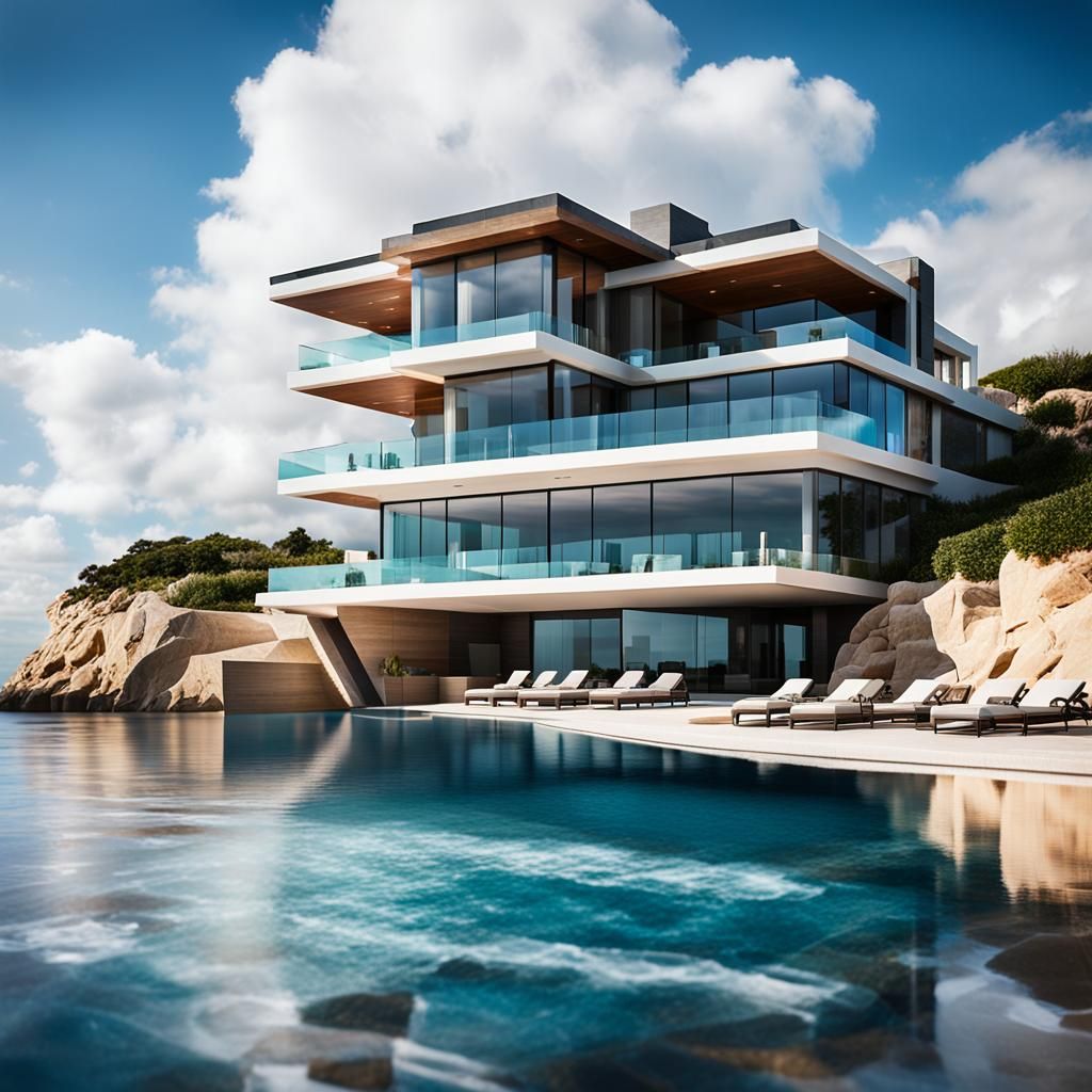 Luxury Mansion Overlooking Beach, Wide Angle Photography