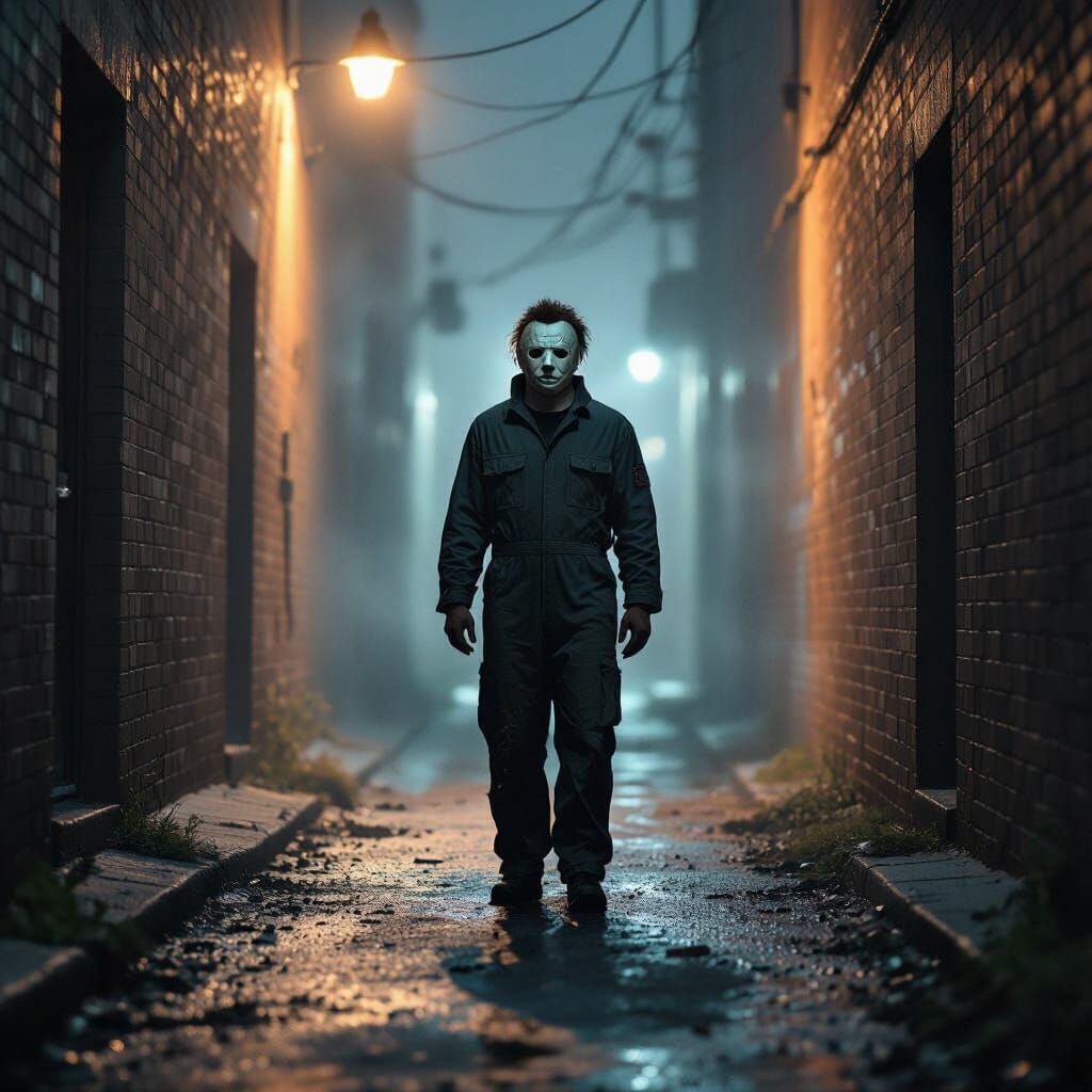 Halloween Night: Ominous Figure in a Dark Alley