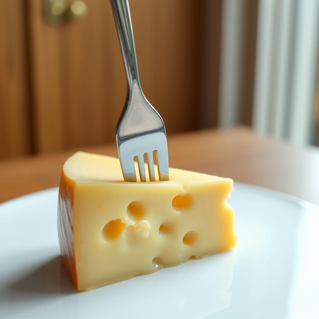 A Fork Stabbed into a Wedge of Cheese