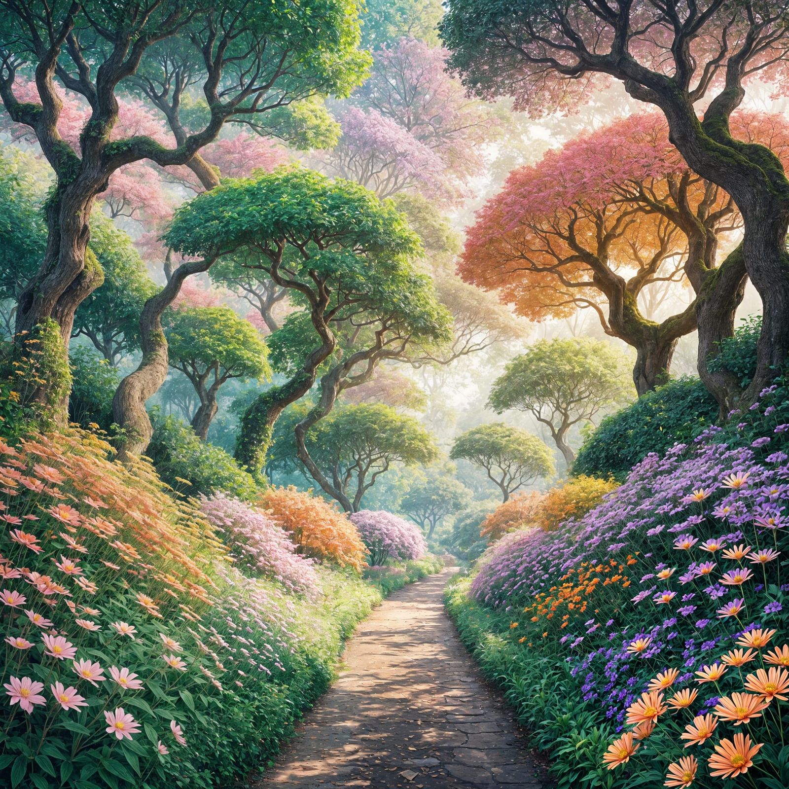 Serene Cel-Shaded Paradise with Winding Path and Majestic Tr...