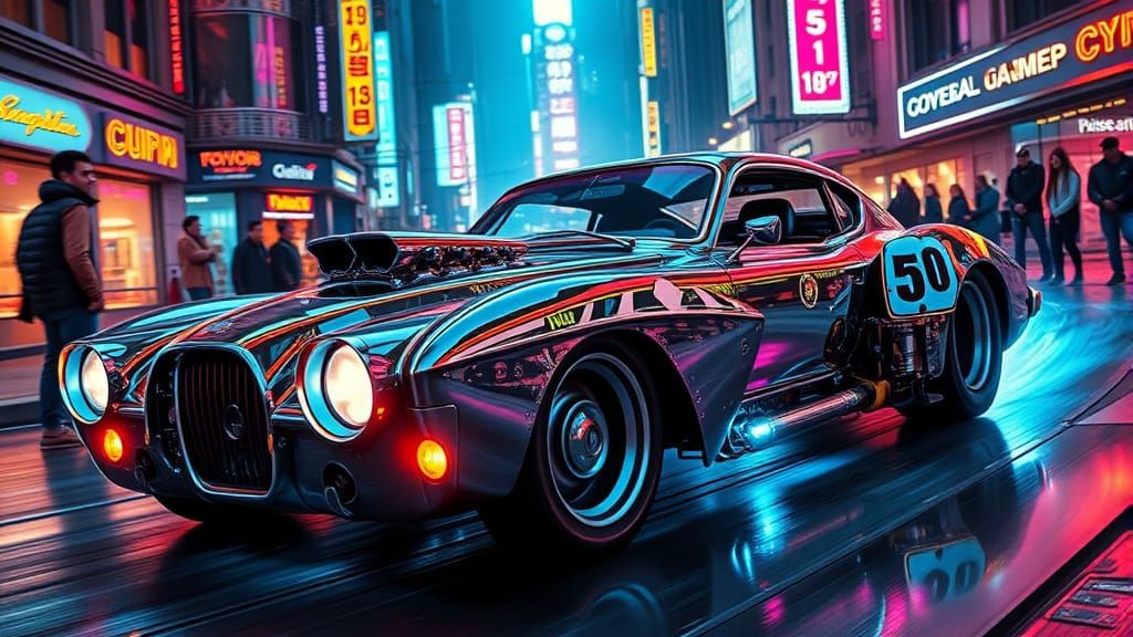 Cyberpunk Hot Rod Speeds Through Neon-Lit City Streets