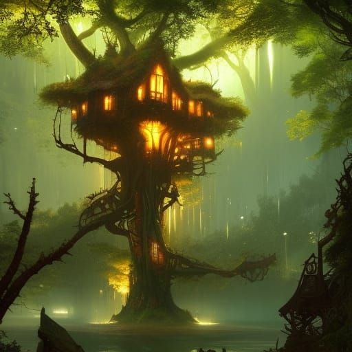 Majestic Vivid Treehouse in Dark Fantasy Concept Art