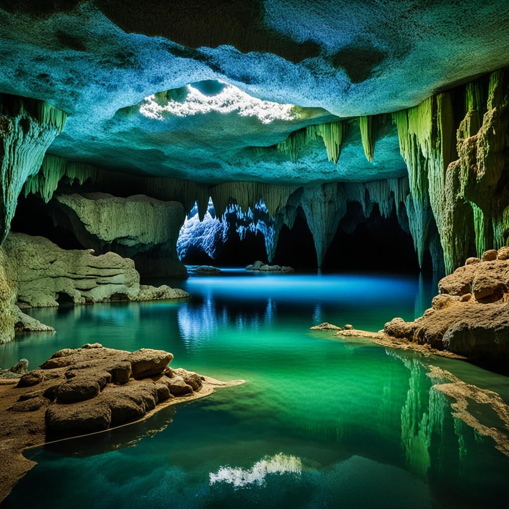 Tranquil Underground Cave with Reflected Light, Detailed Mat...