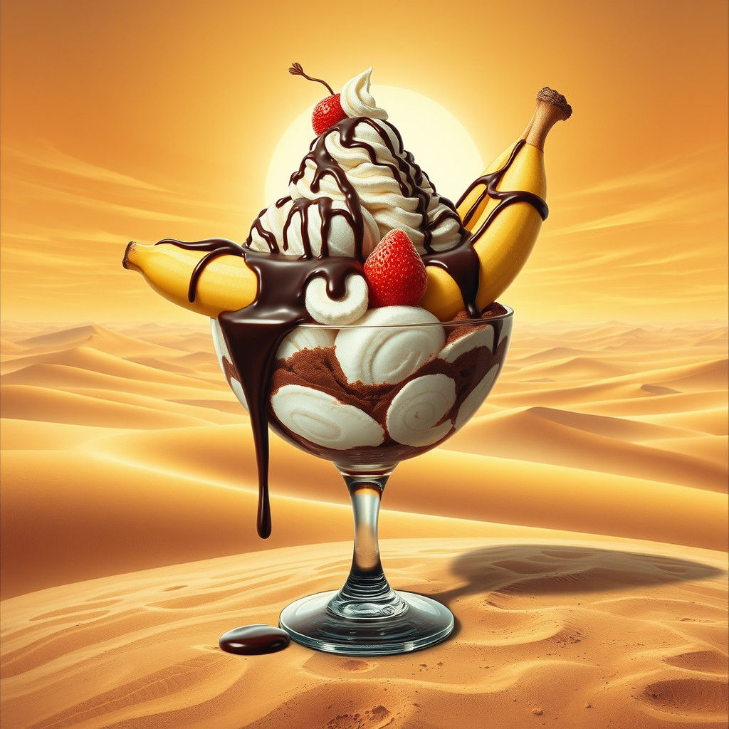 Surreal Dessertscape: Giant Banana Split in the Desert