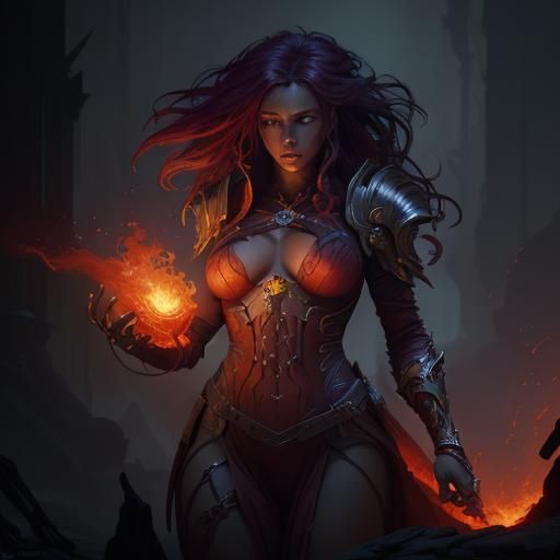 Detailed Fire Genasi Inventor in Dark Fantasy Style