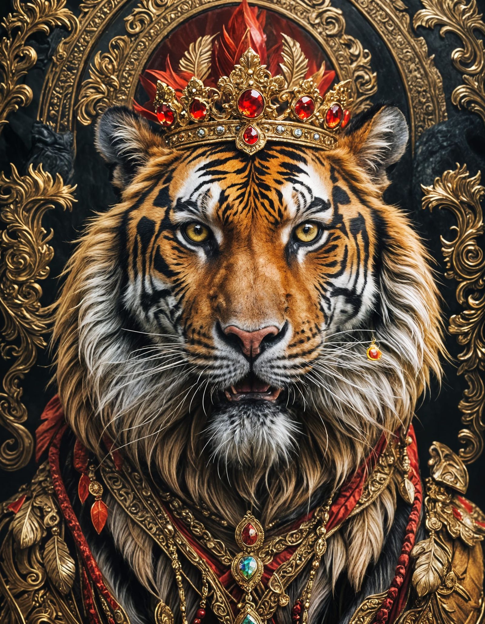 Tiger with Red Headdress and Gold Accents