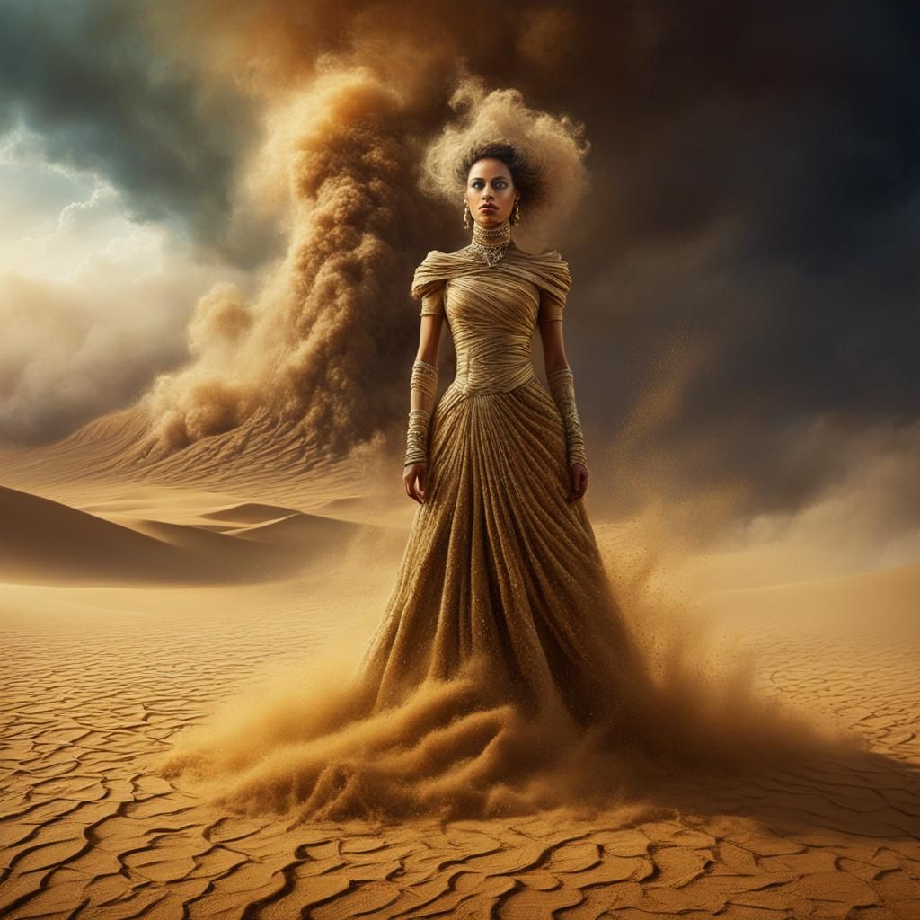 Surreal Desert Queen Disintegrating in Sandstorm
