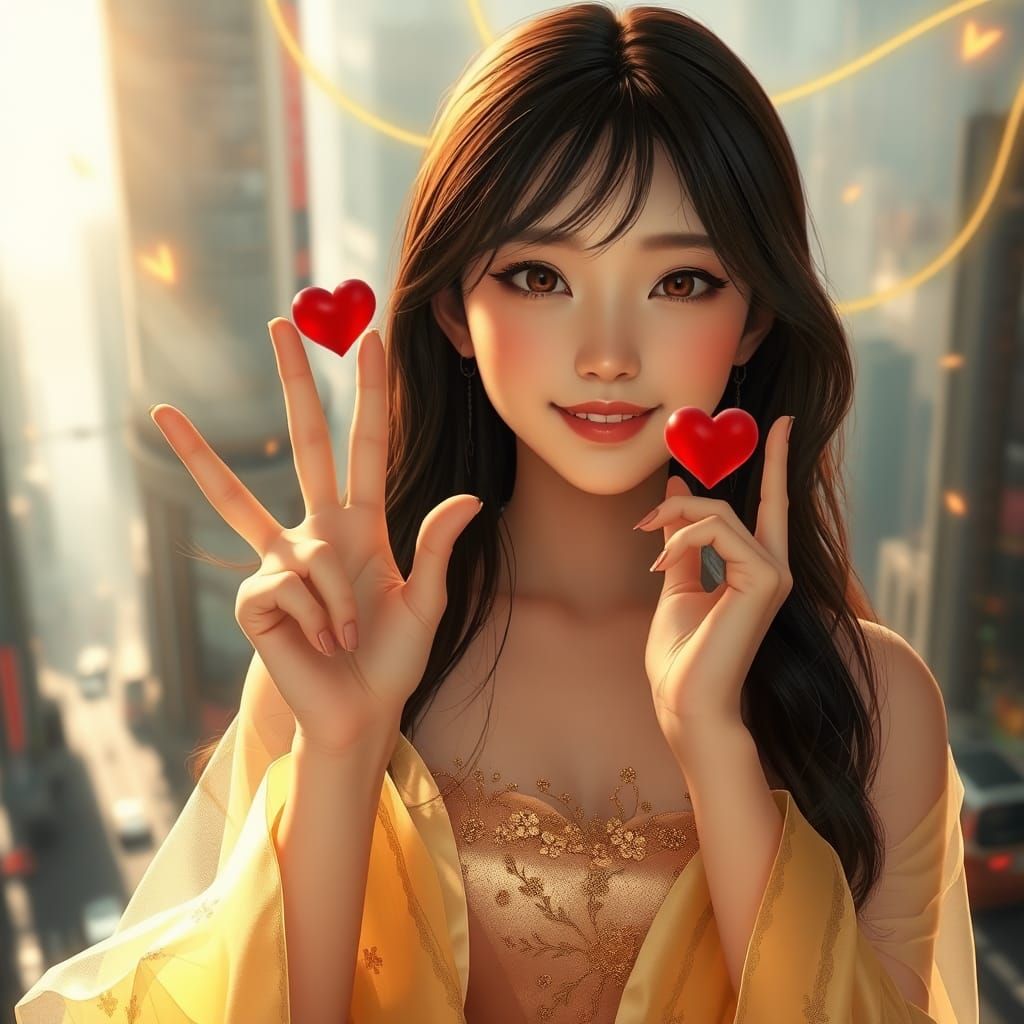 Beautiful Japanese Woman with Floating Heart, Detailed Matte...