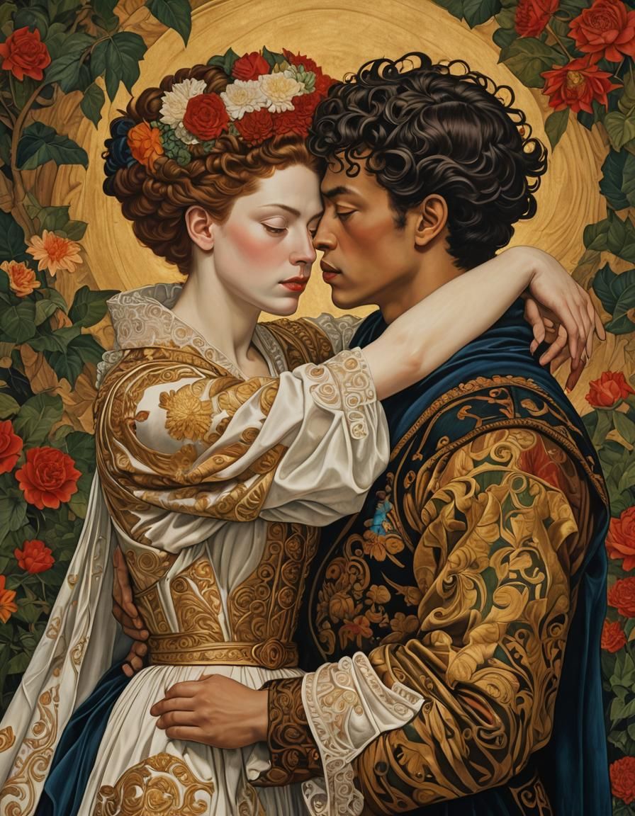 Lesbian Couple Embracing in Matte Oil Paint