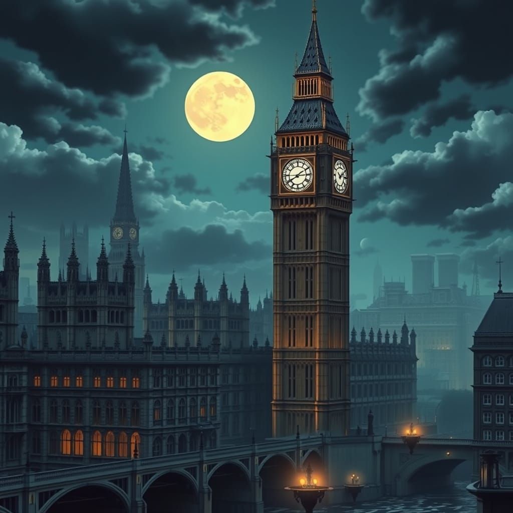 Majestic London Cityscape at Night, Inspired by Miyazaki's W...