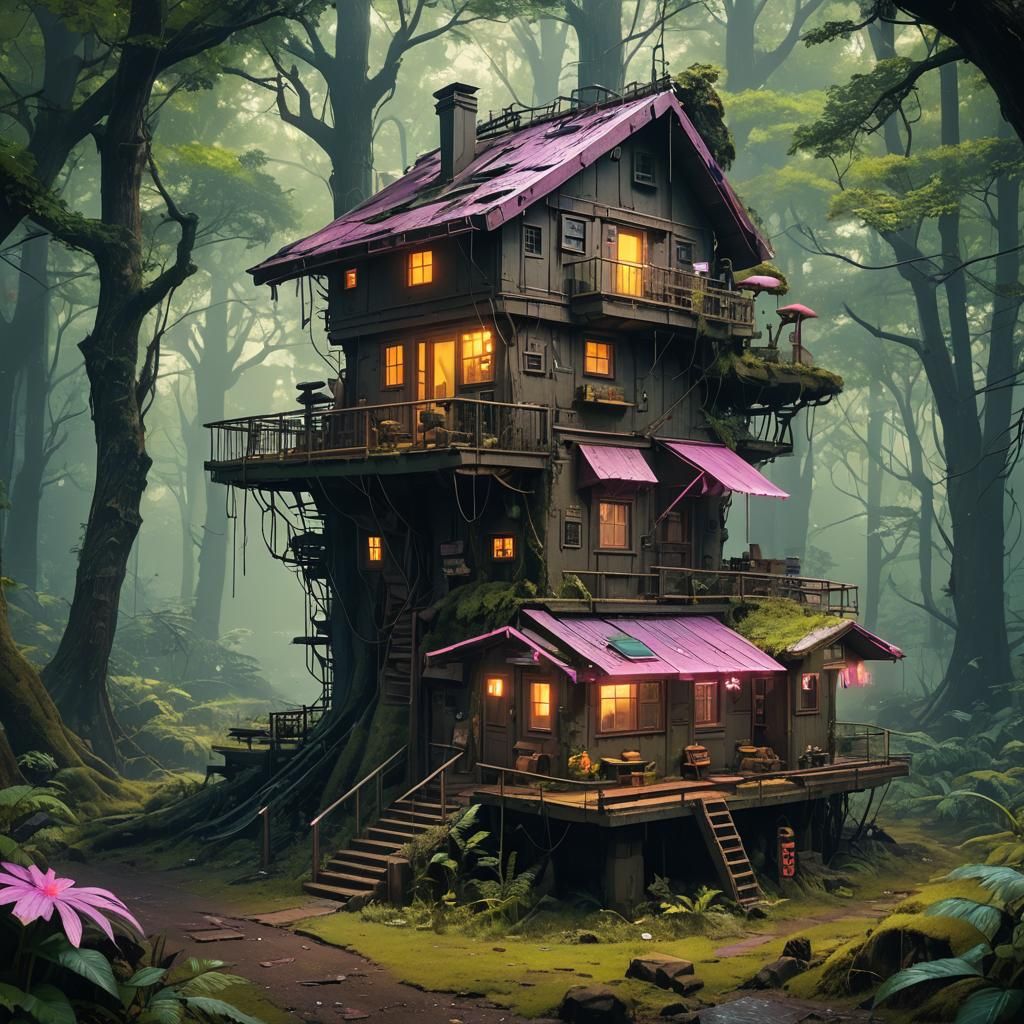 Cyberpunk Fairy House in Neon Forest