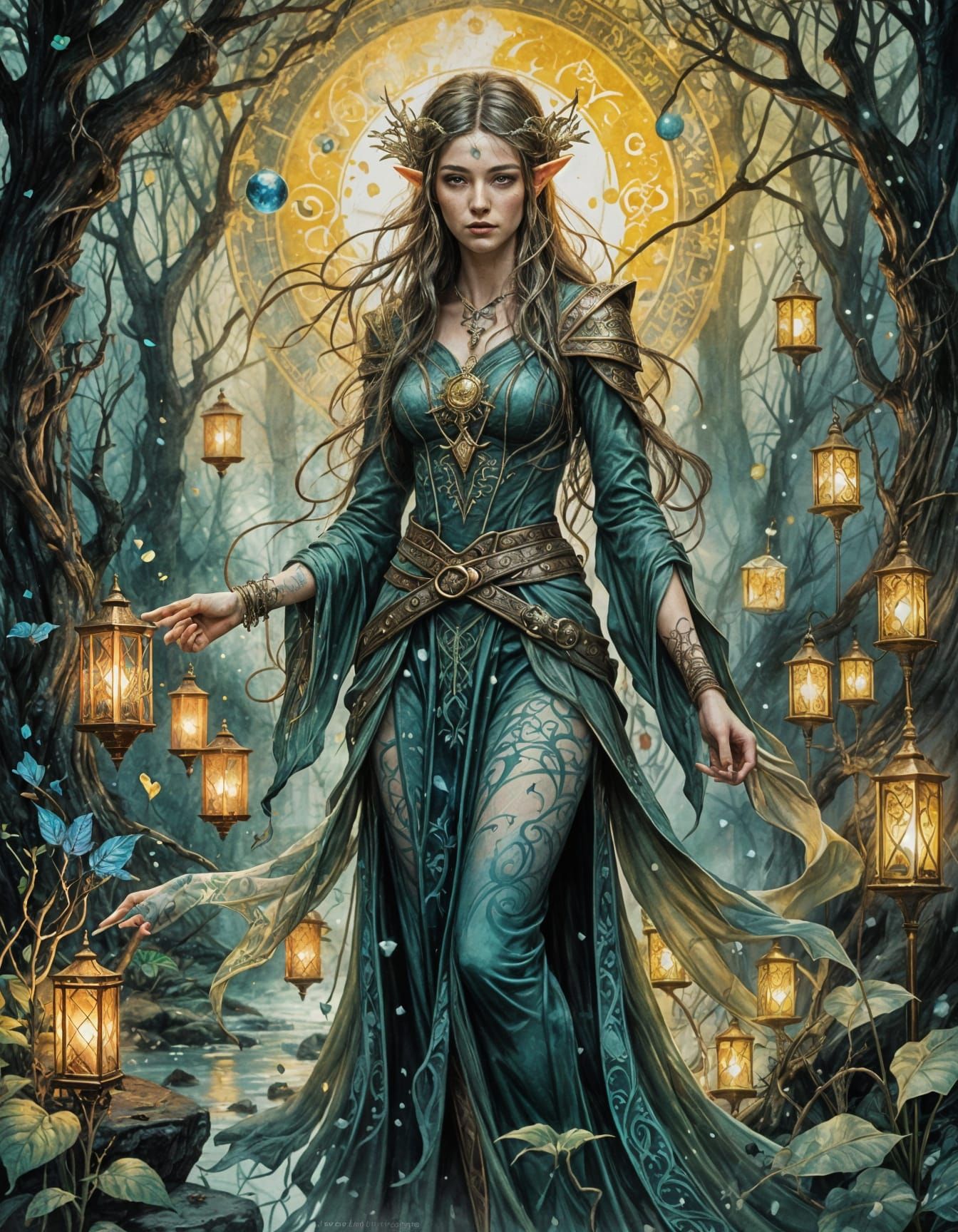 Elven Sorceress With Magic At Her Fingertips In Watercolor