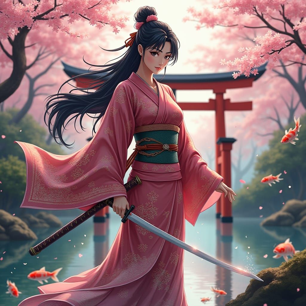 Anime Warrior in Japanese Garden with Katana